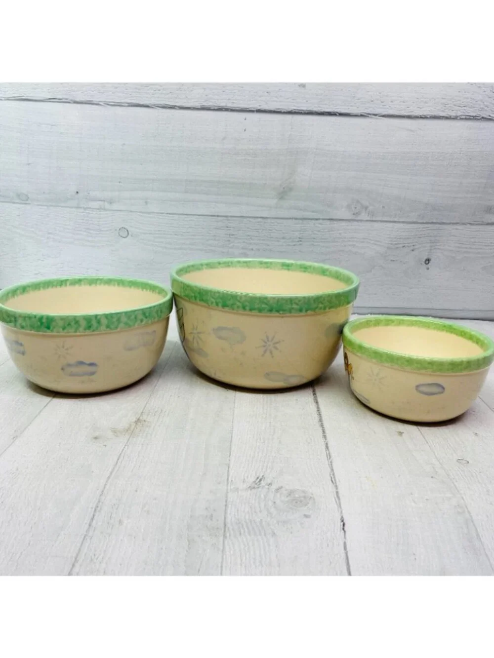 Vintage Vital Unit ANGELS GREEN SPONGE Clouds Stars Stoneware Nesting Bowl Set 3